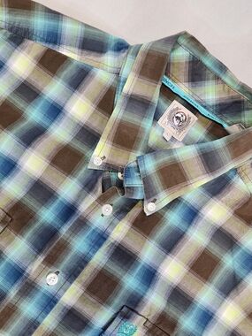 Cinch Button Up Men's Large L Cowboy Short Sleeve Shirt Blue Green Brown Plaid